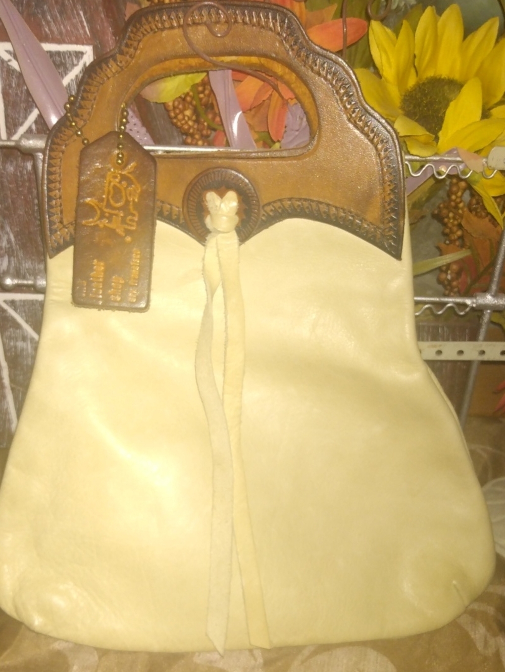 Vintage Leather Tote Bag with Leather Handle - Cream & Brown The Leather Shop